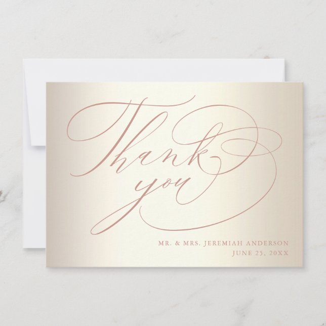 Elegante Rose Gold Script Shiny Champagne Wedding Dankeskarte (Vorderseite)