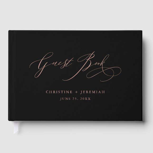 Elegante Rose Gold Script Typografy Black Wedding Gästebuch (Vorderseite)