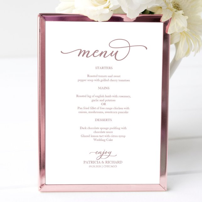 Elegante Rose Gold Script Wedding Menu Signatur Poster (Von Creator hochgeladen)