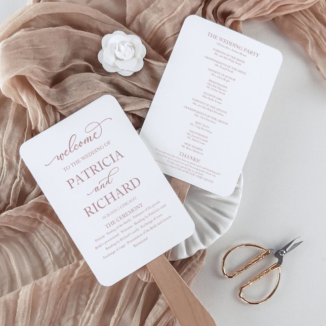 Elegante Rose Gold Script Wedding Program Handfan Fächer (Von Creator hochgeladen)