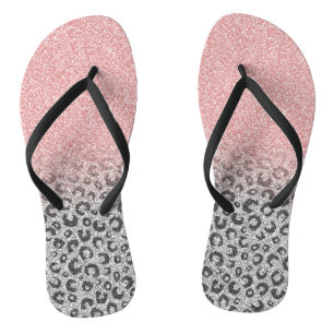 Elegante Rose Gold Silver Glitzer Leopard Print Flip Flops