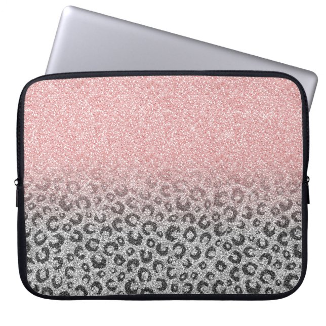 Elegante Rose Gold Silver Glitzer Leopard Print Laptopschutzhülle (Vorderseite)