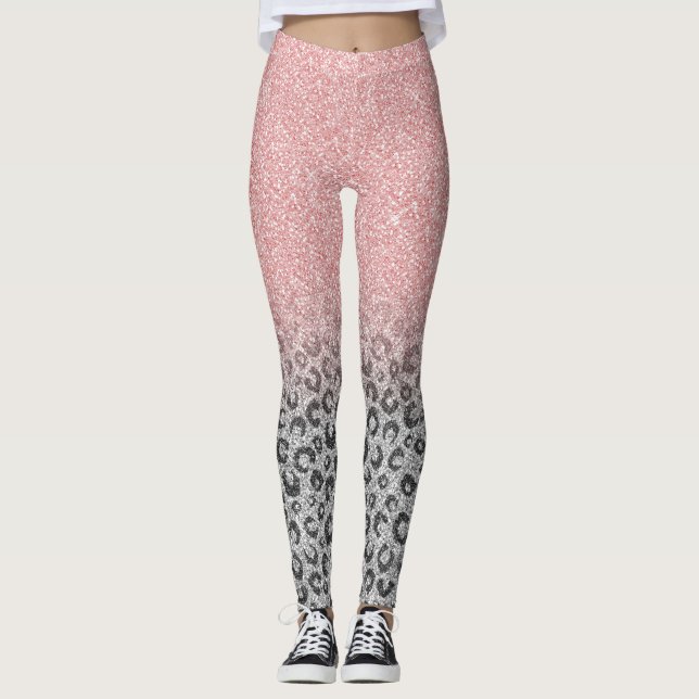 Elegante Rose Gold Silver Glitzer Leopard Print Leggings (Vorderseite)