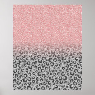 Elegante Rose Gold Silver Glitzer Leopard Print Poster