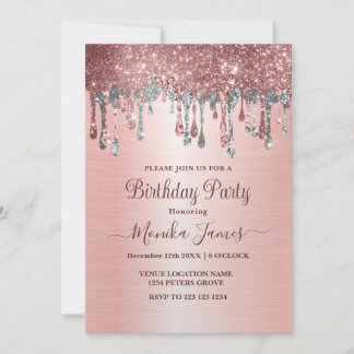Elegante Rose Gold Silver Glitzer Tropfen Geburtst Einladung