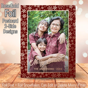 Elegante Rose Gold Snowflakes Foto Rahmen Burgund Folien Feiertagspostkarte