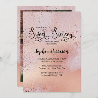 Elegante Rose Gold Sweet 16 Foto Einladung