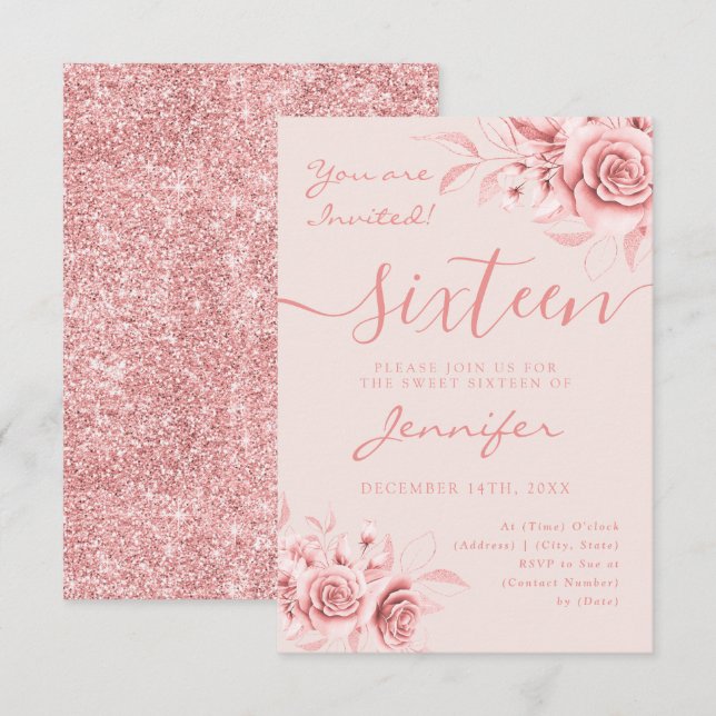 Elegante Rose Gold Sweet 16 Glitzer Blumenrot RSVP Karte (Vorne/Hinten)