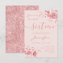Elegante Rose Gold Sweet 16 Glitzer Blumenrot RSVP Karte