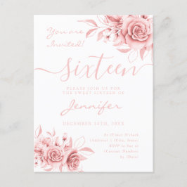 Elegante Rose Gold Sweet 16 Glitzer Flora Invitati Ankündigungspostkarte