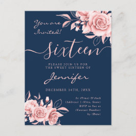 Elegante Rose Gold Sweet 16 Glitzer Floral Navy  Ankündigungspostkarte