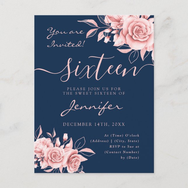Elegante Rose Gold Sweet 16 Glitzer Floral Navy  Ankündigungspostkarte (Vorderseite)