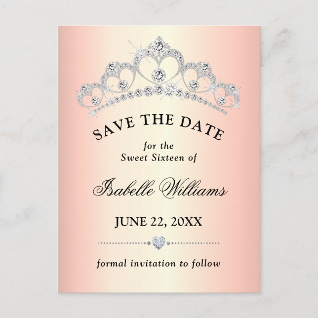 Elegante Rose Gold Sweet 16 Save the Date Postkarte (Vorderseite)