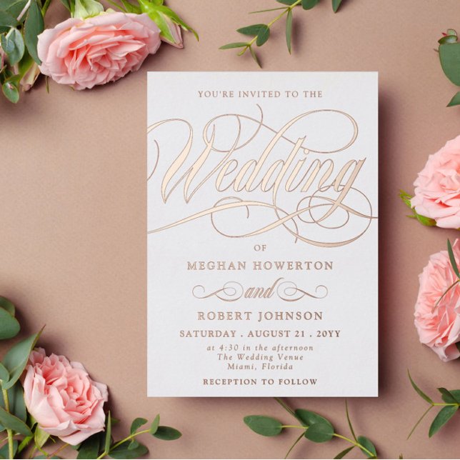 Elegante Rose Gold Swirl Calligraphy Wedding Folieneinladung (Von Creator hochgeladen)
