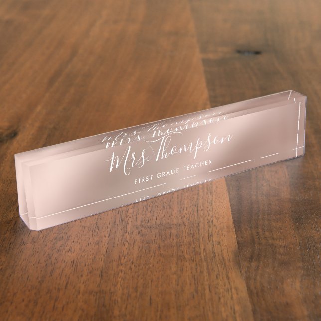 Elegante Rose Gold Teachers Name Script Metallic Namensplakette (Seite)