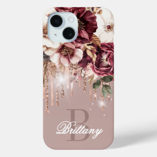 Elegante Rose Gold Tropfen Burgundy Floral Monogra Case-Mate iPhone Hülle