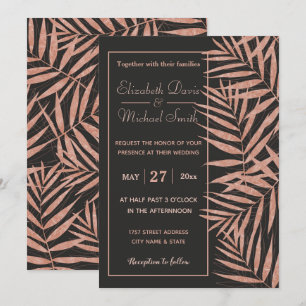 Elegante Rose Gold Tropische Blätter Hochzeitskuns Einladung