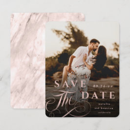 Elegante Rose Gold Typografie & Marble Back Foto Save The Date