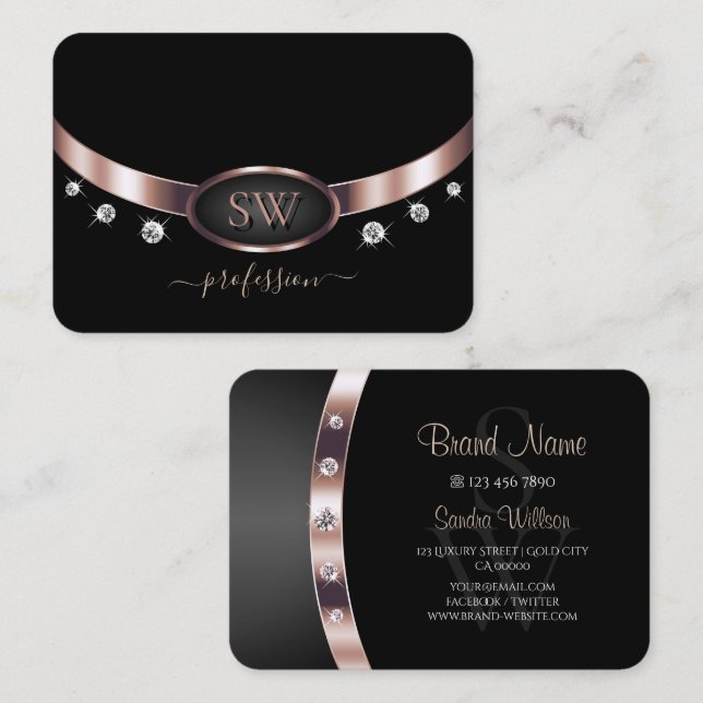 Elegante Rose Gold und Black Initials Rhinestones Visitenkarte (Vorne/Hinten)