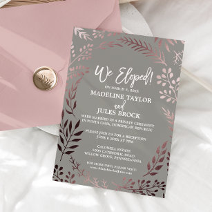 Elegante Rose Gold und Grau Elopement Empfang Einladung