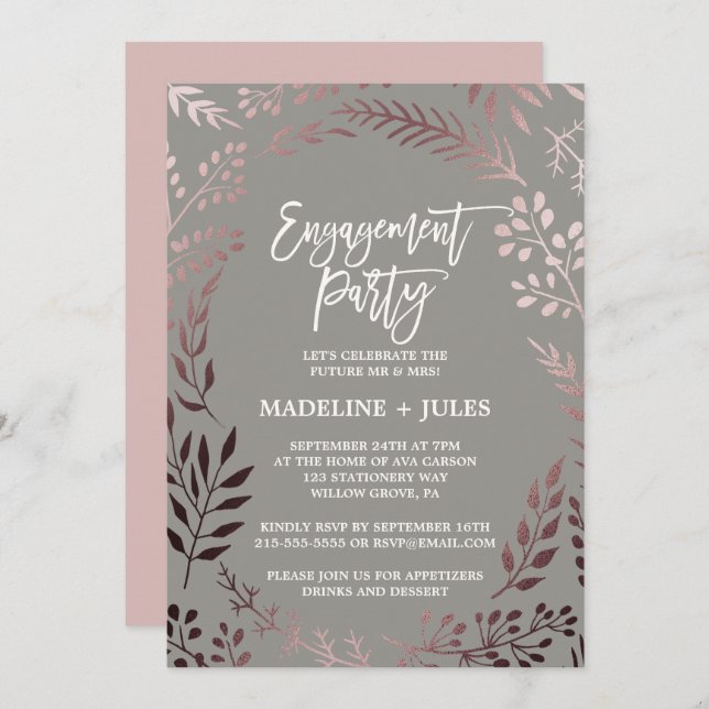 Elegante Rose Gold und Gray Engagement Party Einladung (Vorne/Hinten)