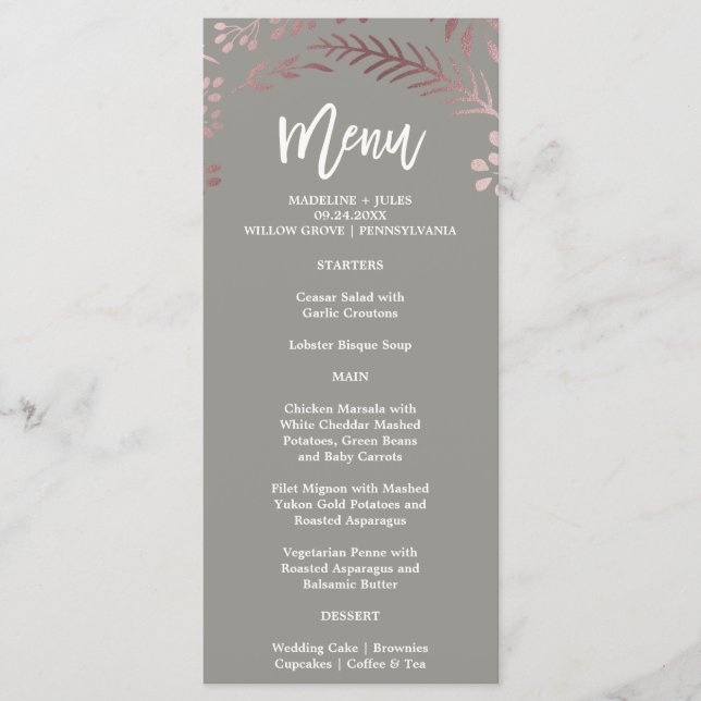 Elegante Rose Gold und Gray Wedding Menu Card Menükarte (Vorderseite)