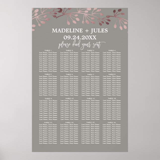 Elegante Rose Gold und Gray Wedding Seating Chart Poster (Vorne)