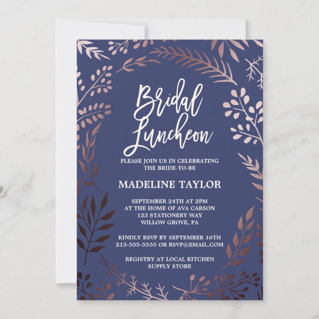 Elegante Rose Gold und Marine Bridal Luncheon Einladung (Vorderseite)