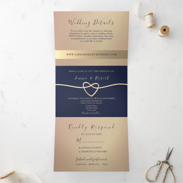 Elegante Rose Gold und Navy Blue Wedding Dreifach Gefaltete Einladung (Innenseite)