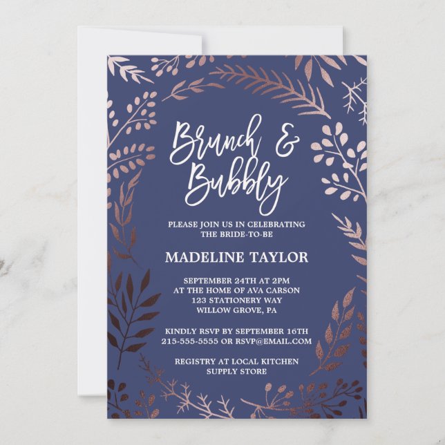 Elegante Rose Gold und Navy Brunch und Bubbly Einladung (Vorderseite)