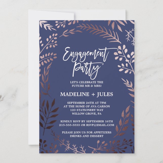 Elegante Rose Gold und Navy Engagement Party Einladung (Vorderseite)