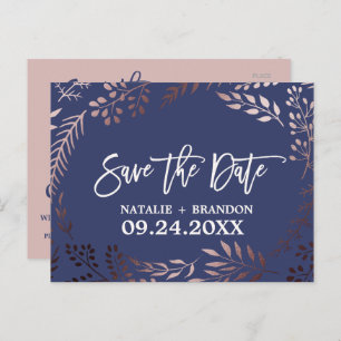 Elegante Rose Gold und Navy Hochzeit speichern das Ankündigungspostkarte