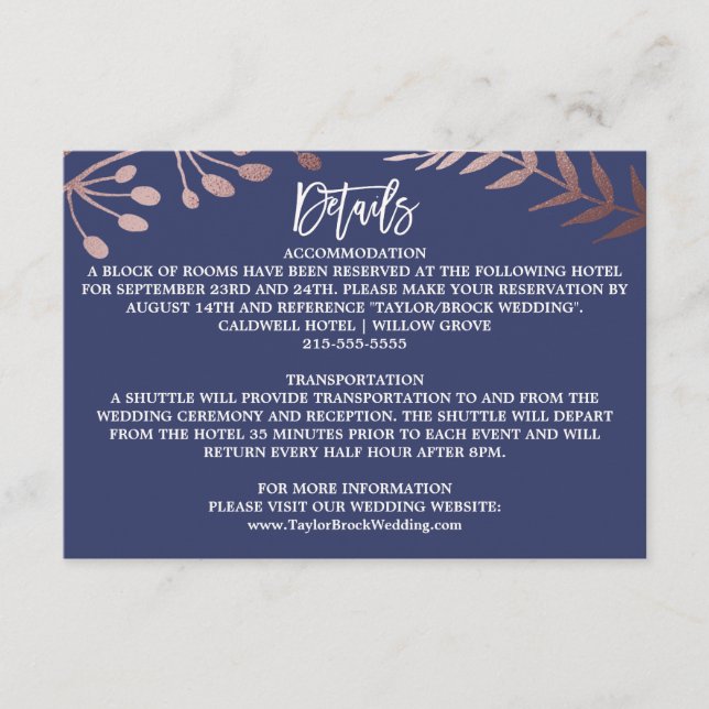 Elegante Rose Gold und Navy Wedding Details Card Begleitkarte (Vorderseite)