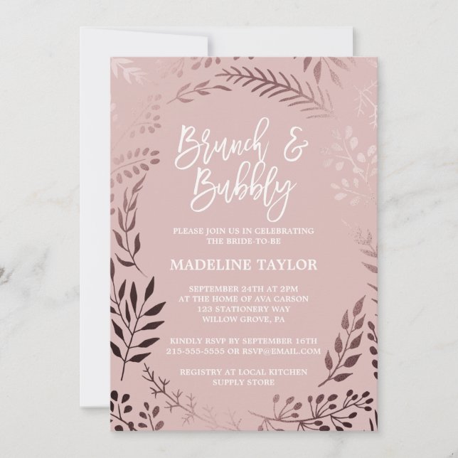 Elegante Rose Gold und Rosa Brunch und Bubbly Einladung (Vorderseite)