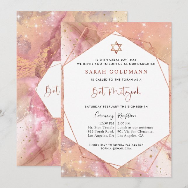 Elegante Rose Gold und Rosa Celestial Bat Mitzvah Einladung (Vorne/Hinten)