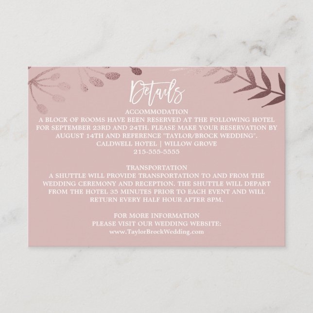 Elegante Rose Gold und Rosa Wedding Details Card Begleitkarte (Vorderseite)