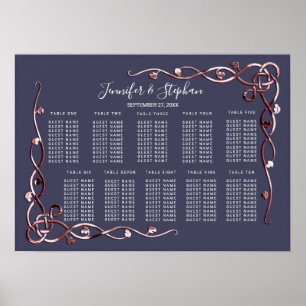 Elegante Rose Gold Vines Navy Blue Seating Chart Poster