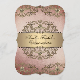 Elegante Rose Gold Vintag Damask Quinceanera Einladung