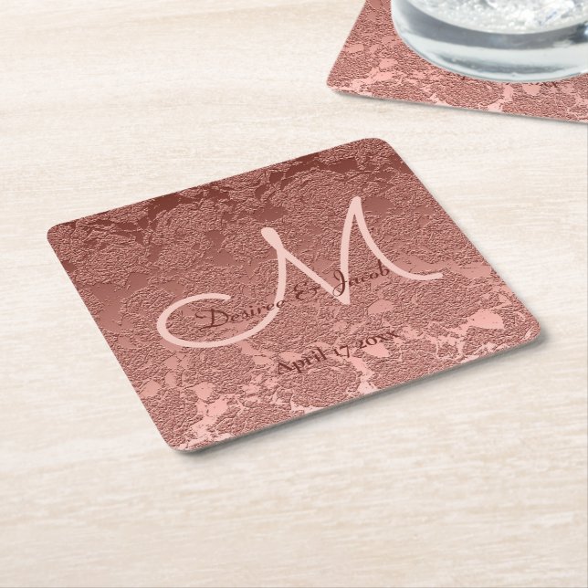 Elegante Rose Gold Wedding Reception Monogram Rechteckiger Pappuntersetzer (angewinkelt)