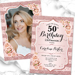 Elegante Rose Gold Weißes Foto 50. Geburtstag Einladung<br><div class="desc">Elegante, florale, weibliche 50. Geburtstagseinladung mit Ihrem Foto auf der Kartenrückseite. Glam weiß, rot rosa Design mit Imitaten Glitzer Rose Gold. Enthält Streifen, Rose, Skript-Schriftart und Konfetti. Ideal für ein stilvolles Party für Erwachsene. Personalisieren Sie Ihre persönlichen Daten. Kann für jedes Alter angepasst werden! Gedruckte Zazzle Einladungen oder Sofortdownload digitalen...</div>