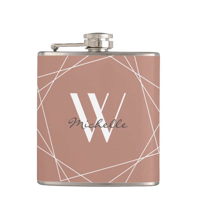 Elegante Rose Gold White Monogram Geometric Name Flachmann (Vorderseite)