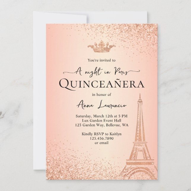Elegante Rose Golden Paris Night Theme Quinceanera Einladung (Vorderseite)