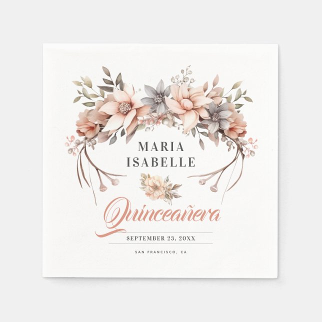 Elegante Rose Goldene Blütenkrone Quinceañera Part Serviette (Vorderseite)