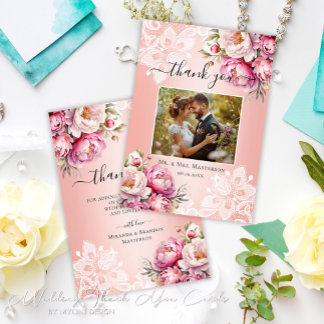 Elegante Rose Goldene Wasserfarben Foto Hochzeit Dankeskarte