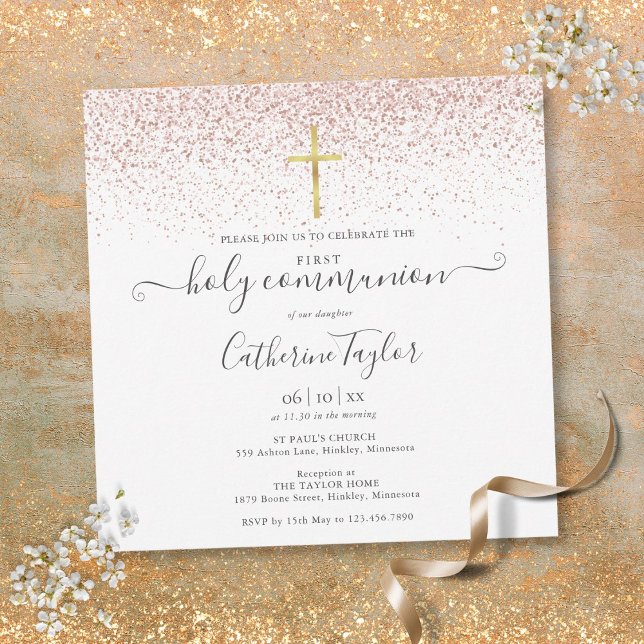 Elegante Rose Goldener Glitzer Erste Heilige Kommu Einladung (Elegant Rose Gold Glitter First Holy Communion Invitation)