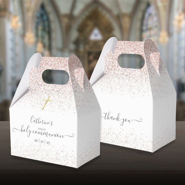 Elegante Rose Goldener Glitzer Erste Heilige Kommu Geschenkschachtel (Elegant Rose Gold Glitter First Holy Communion Favor Boxes)