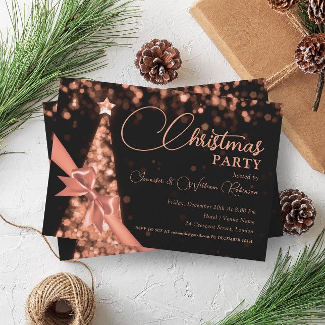 Elegante Rose Goldenes Glanz Einladung (Elegant Rose Gold Shimmering Xmas Tree Holiday Invitation)