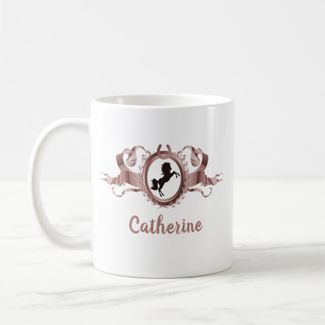 Elegante Rose Goldenes Horse Ribbon Wappen Name Kaffeetasse (Links)