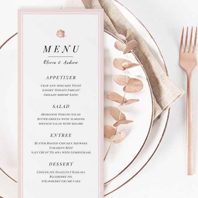 Elegante Rose Goldflorale Minimalistisches Hochzei Menükarte (Elegant Rose gold floral minimalist wedding menu)