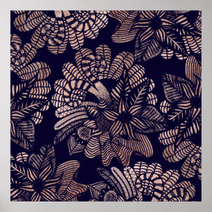 Elegante Rose Goldflorale Zeichnungen auf Navy Blu Poster